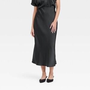 A New Day Womens Black Satin Midi A-Line Skirt Elastic Waist Size L large